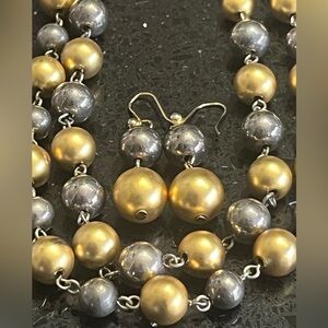 Gold Black Hematite Ball Pearl statement necklace earring set jewelry vintage